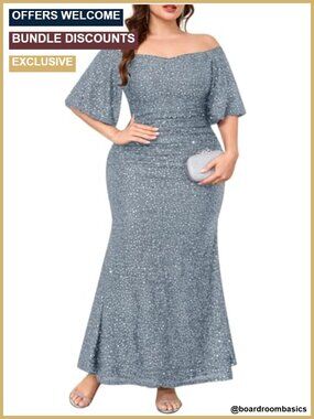 Plus Size Sequin Formal Dress Off Shoulder Fishtail Evening Gown